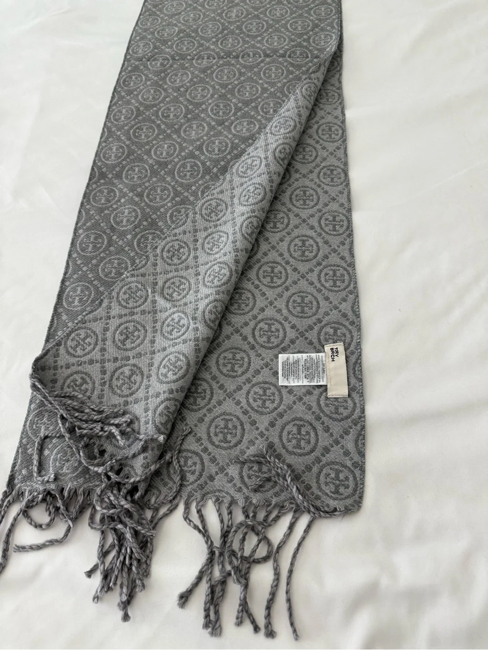 Tory Burch Gray Monogram Scarf with Fringe